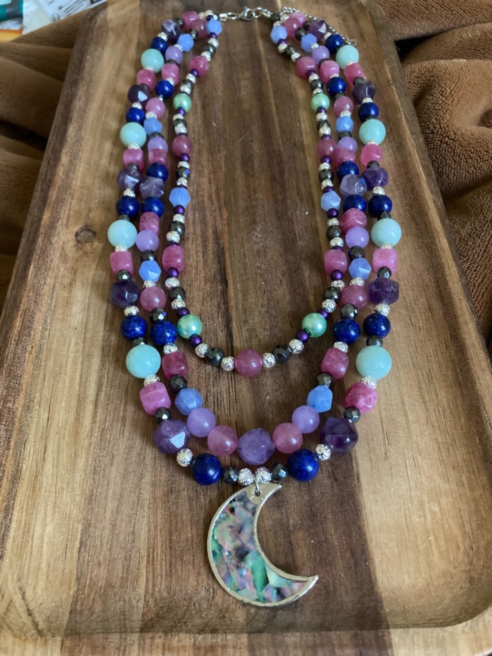 Handmade Multicolor Stone Beaded Moon Pendant Necklace